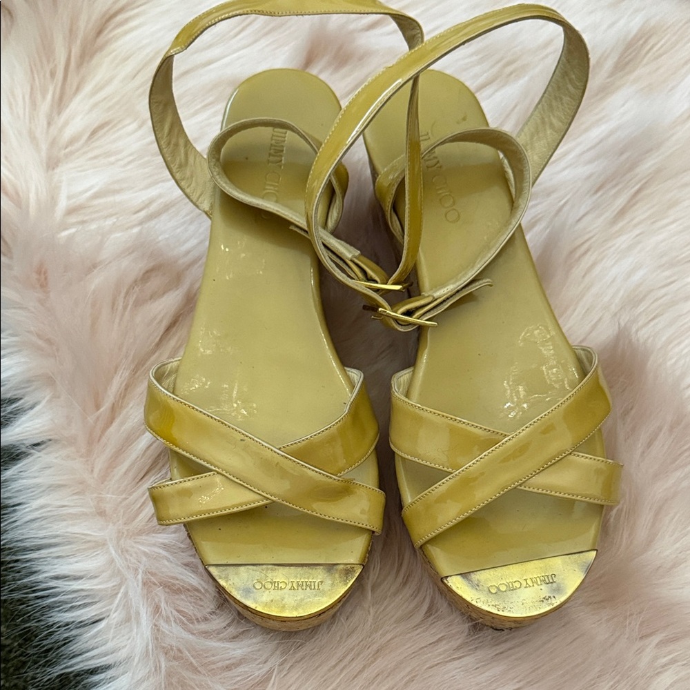 Jimmy Choo tan Patent Leather Slingback Sandals